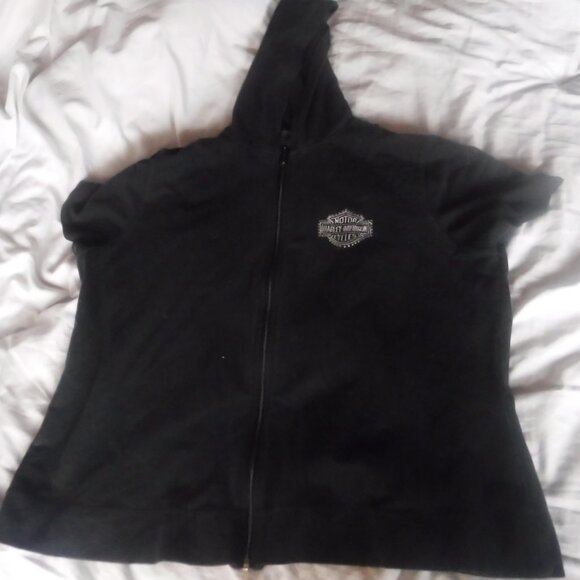 Harley Davidson black Short Sleeve Sweat Shirt Zipper Front Womens Size 1 W - Picture 2 of 9